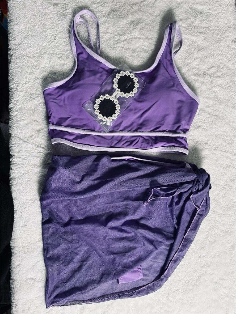 Teen Girls Swimsuit High Waist Sporty Bikini Bathing Suit Purple Size 14-15Y New